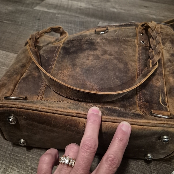 Distressed Leather Artisan Patterned Brown and Black Shoulder Bag - Picture 9 of 14